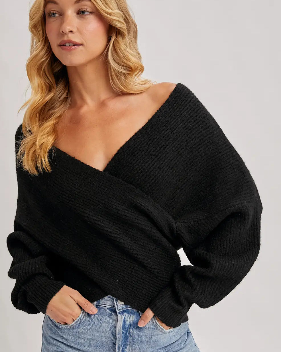Wrap Crossover Ribbed Fuzzy Knit Sweater