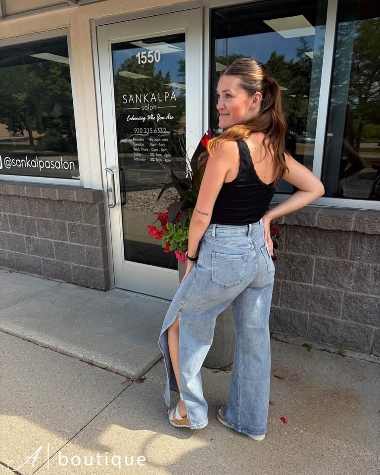 High Rise Wide Leg Denim With Split