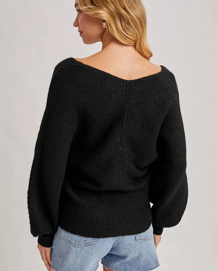 Wrap Crossover Ribbed Fuzzy Knit Sweater