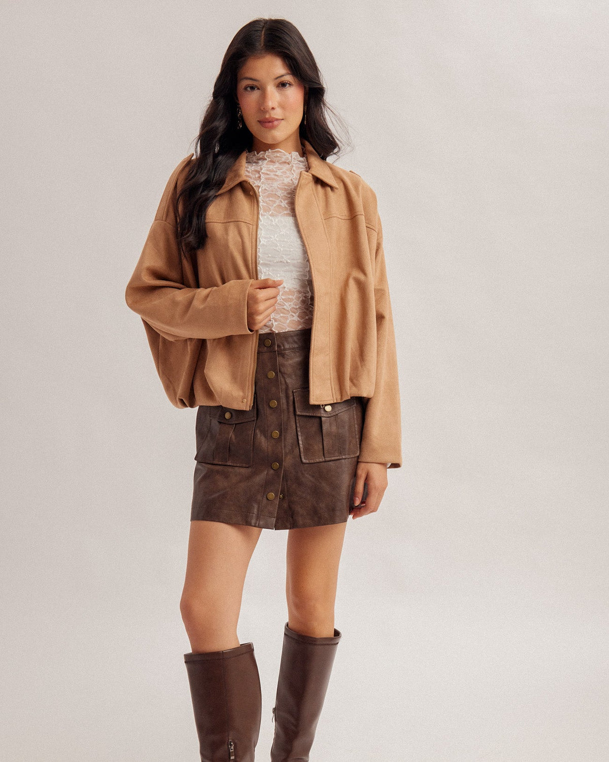 Microsuede Camel Bubble Hem Jacket