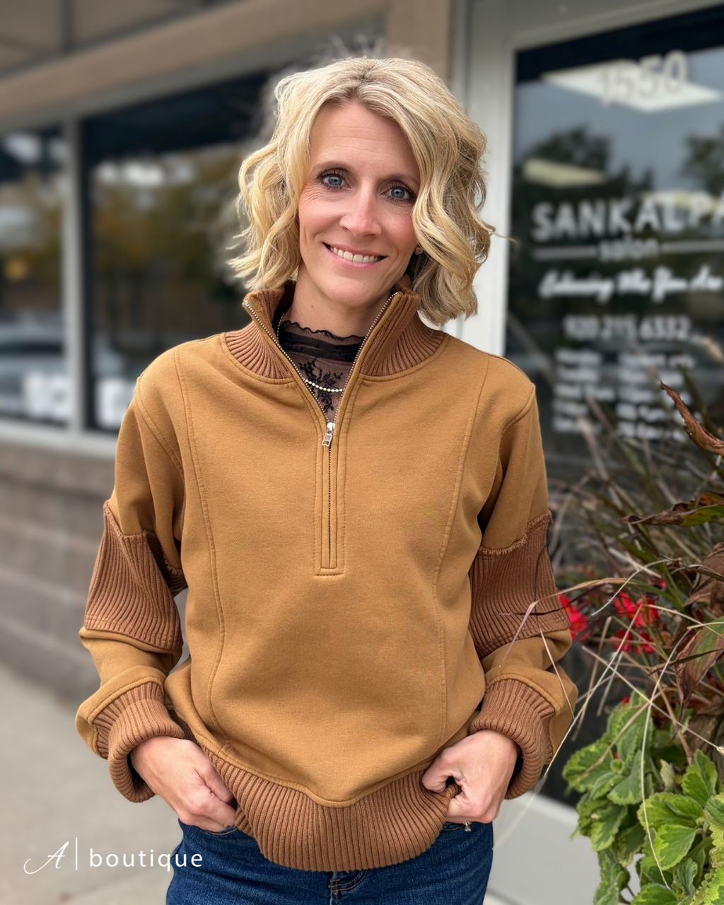 Half Zip-Up Brushed Terry Top