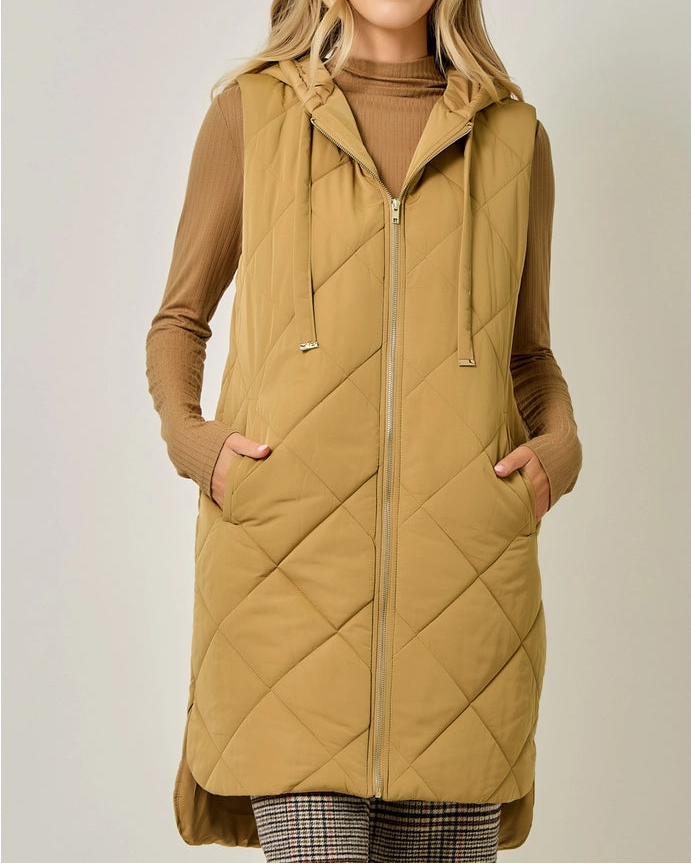 Quilted Puffer Long Hoodie Vest