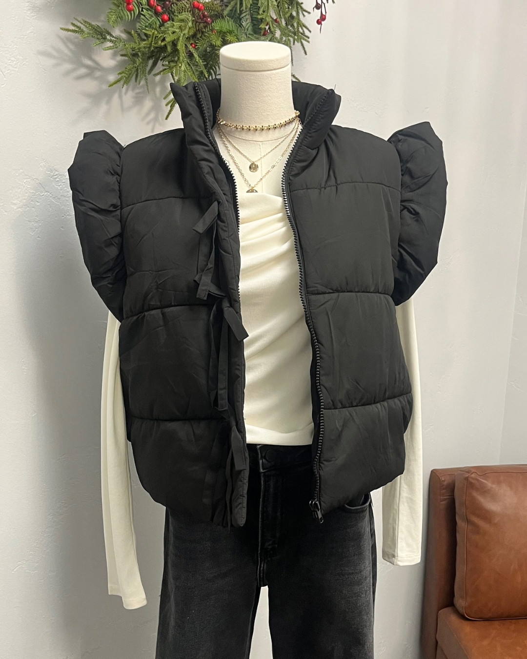 Flutter Sleeve Bow Detail Zip-Up Puffer Vest