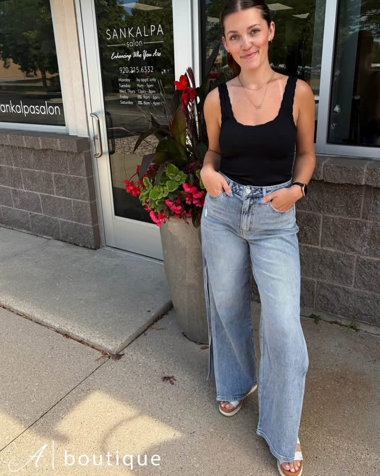 High Rise Wide Leg Denim With Split