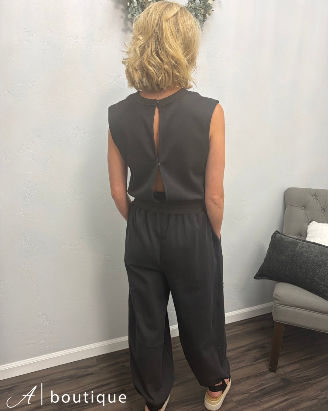 Drawstring Waist Sleeveless Knit Active Jumpsuit