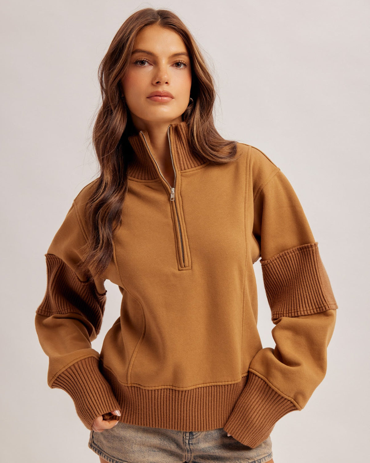 Half Zip-Up Brushed Terry Top