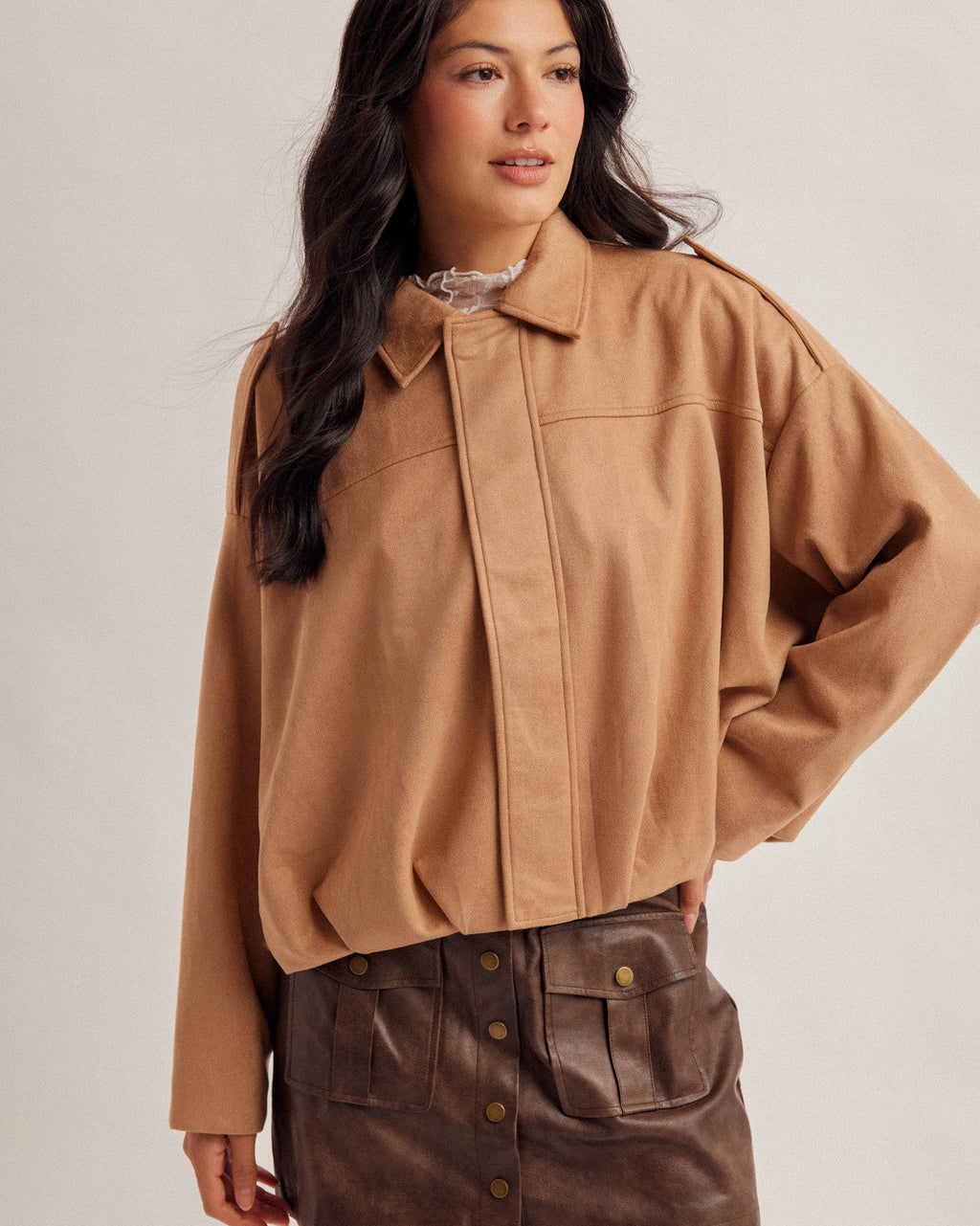 Microsuede Camel Bubble Hem Jacket